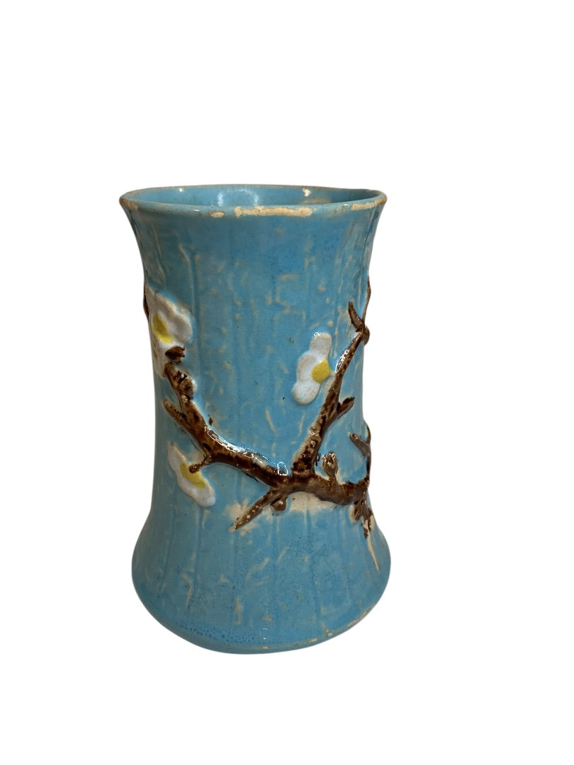 Antique English Majolica Vase Pottery Blue Dogwood 4.75 Inch