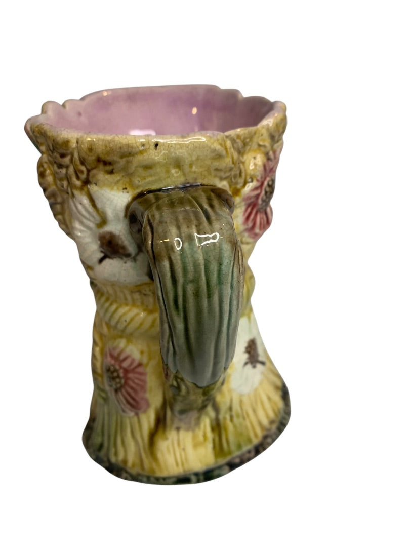 Antique Majolica Wheat Pitcher Pottery 6 Inch Flower Pink