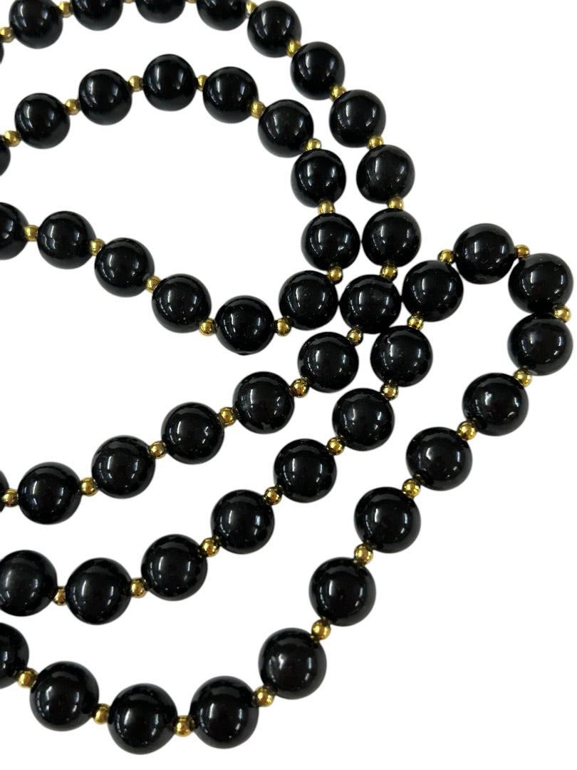 Vintage Black Goldtone Acrylic Necklace Beaded 34 Inch Overhead No Clasp