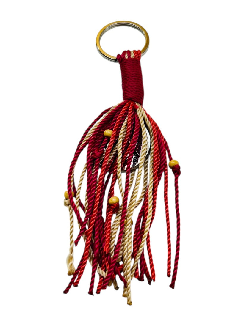 The Sac Purse Fob Tassel Red Tan Beads 6 Inch
