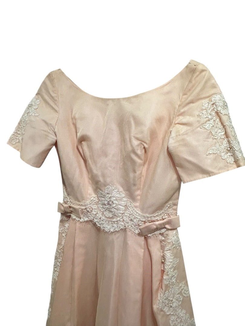 Vintage Handmade Dress Pink Lace Applique Formal 50s Tea Length