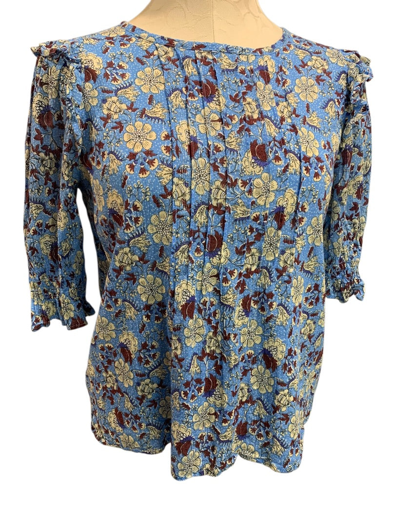 Small Petite Loft Womens Sheer Floral Metallic Threaded Half Sleeve Blouse