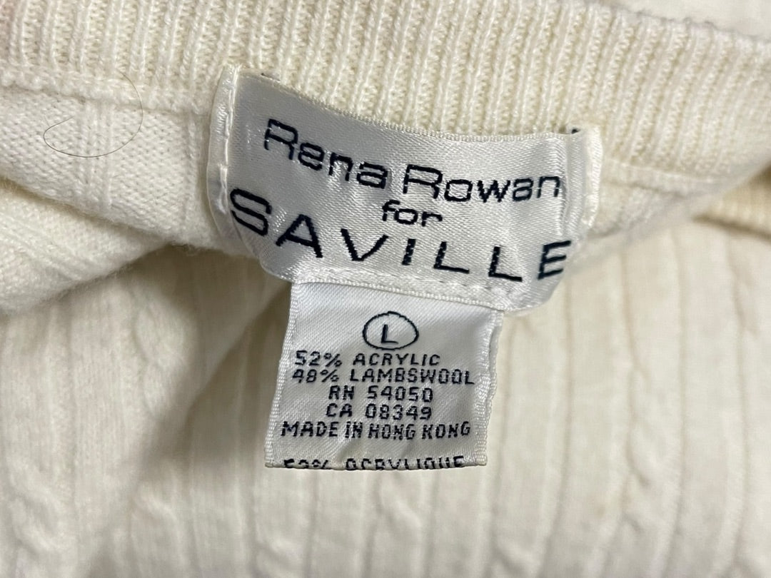 Large Rena Rowan Saville Wool Blend Womens Vintage Sweater Cream Cable Knit