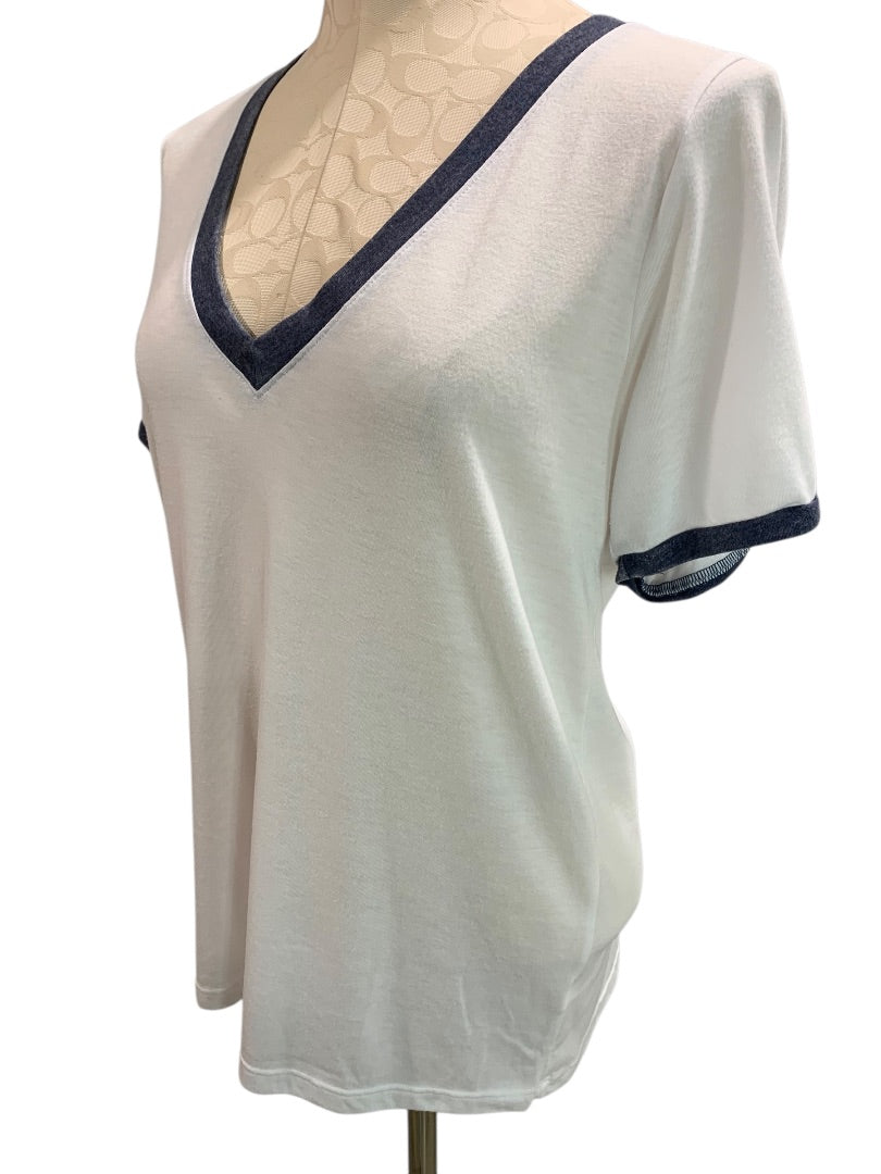 Small Treasure & Bond Womens Oversize V-Neck Tshirt White Blue
