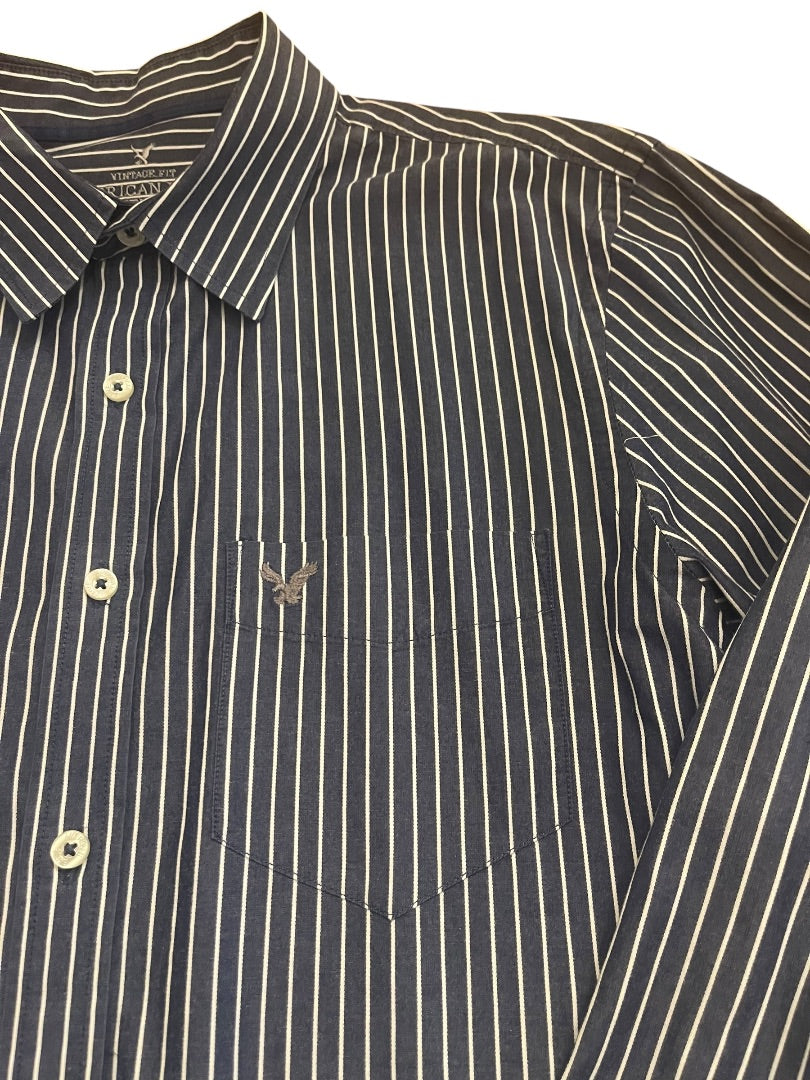 Large American Eagle Outfitters Striped Button Up Mens Shirt Blue