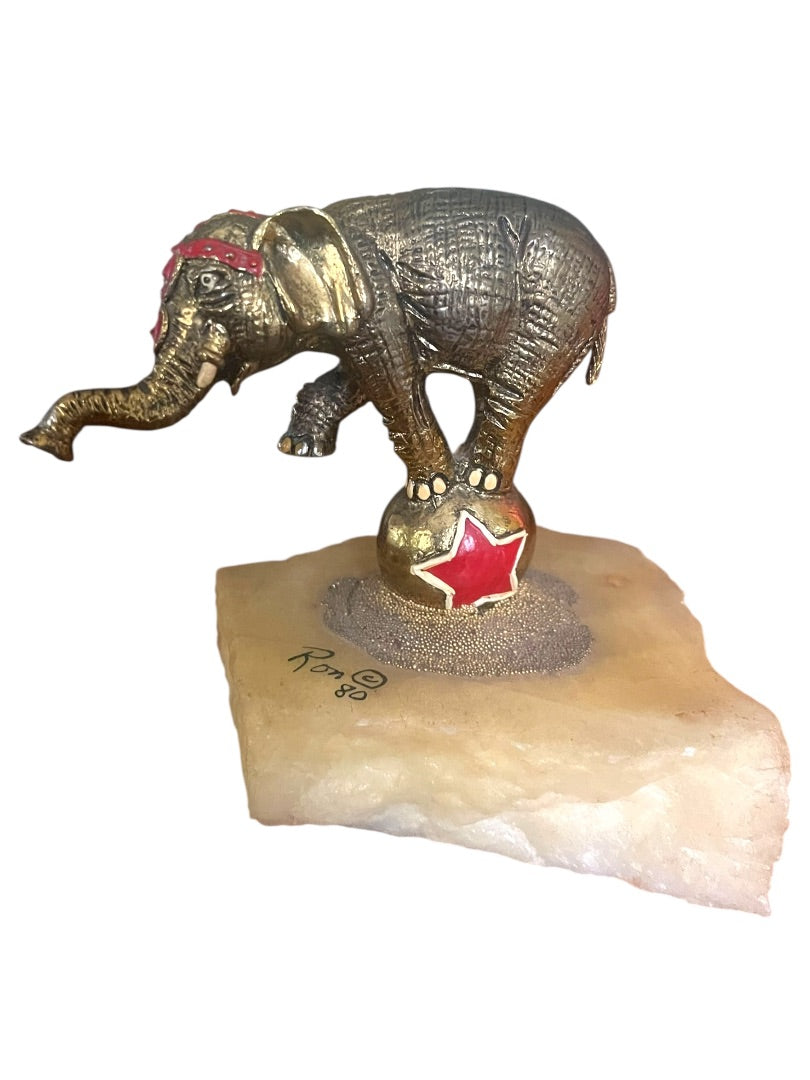 1980 Ron Lee Sculpture Circus Elephant on Ball Quartz Signed Goldtone