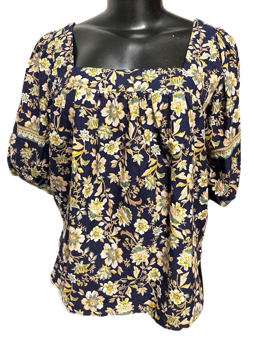 XS Roan + Ryan Square Neck Floral Short Sleeve Womens Shirt Boho