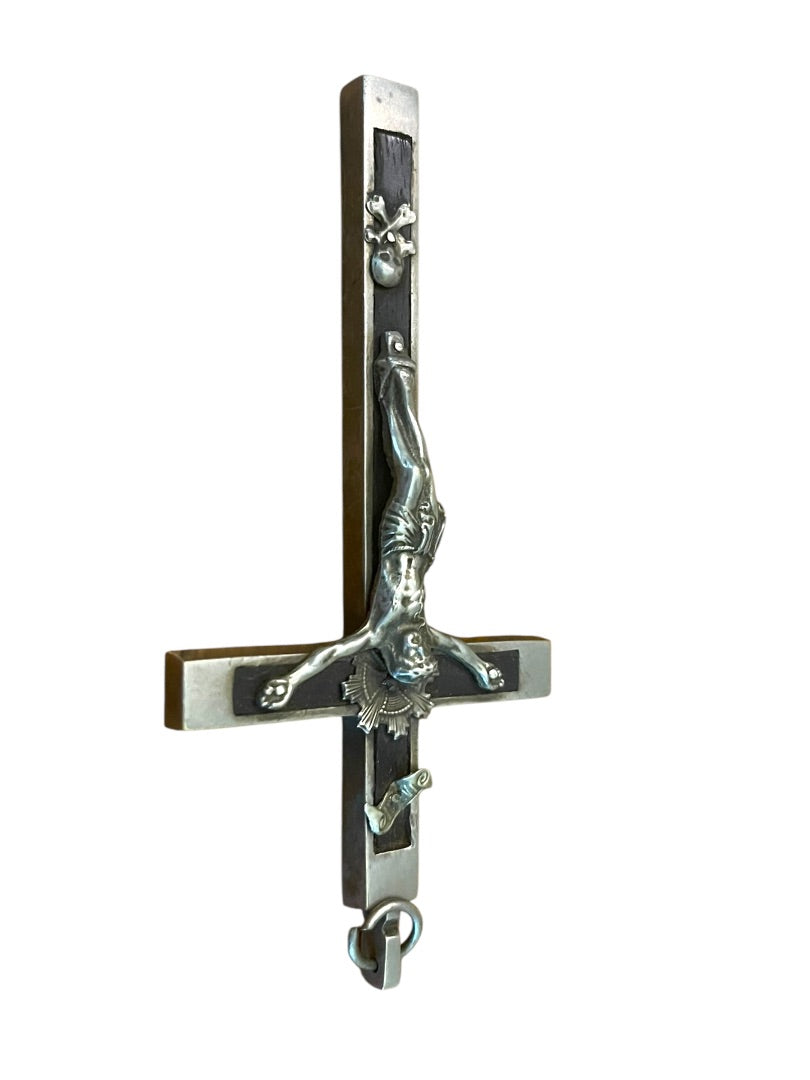 Antique Silvertone Crucifix with Skull and Crossbones Golgotha INRI Cross Convent 5.5"