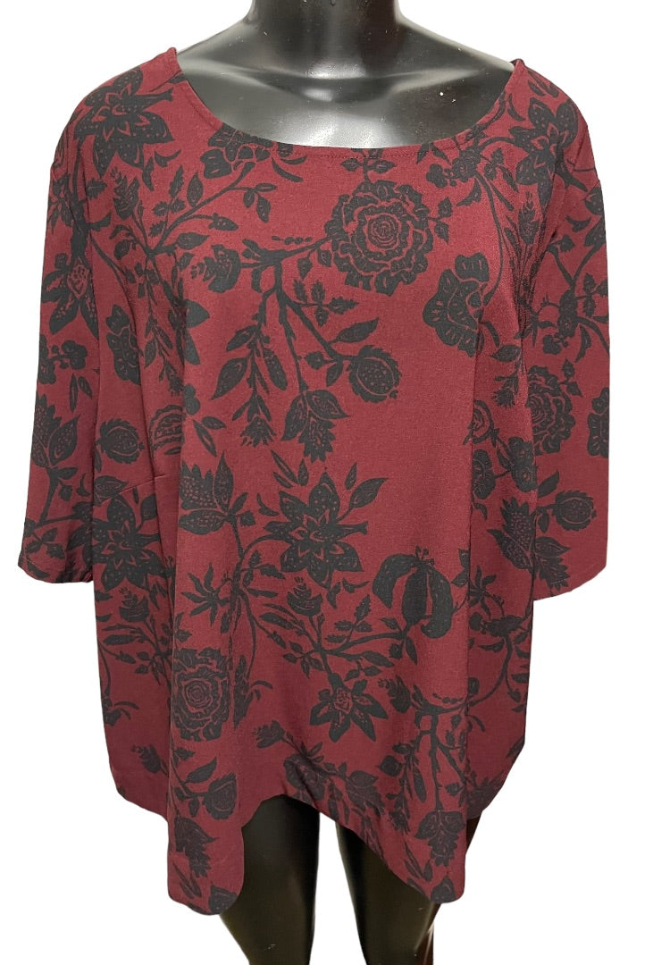 4X Ava & Viv Women's Burgundy Black Floral Petal Back Blouse 1/2 Sleeve