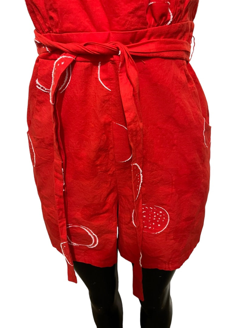 XS Eva Franco Anthropologie Women's Circle Print Romper Red Front Tie