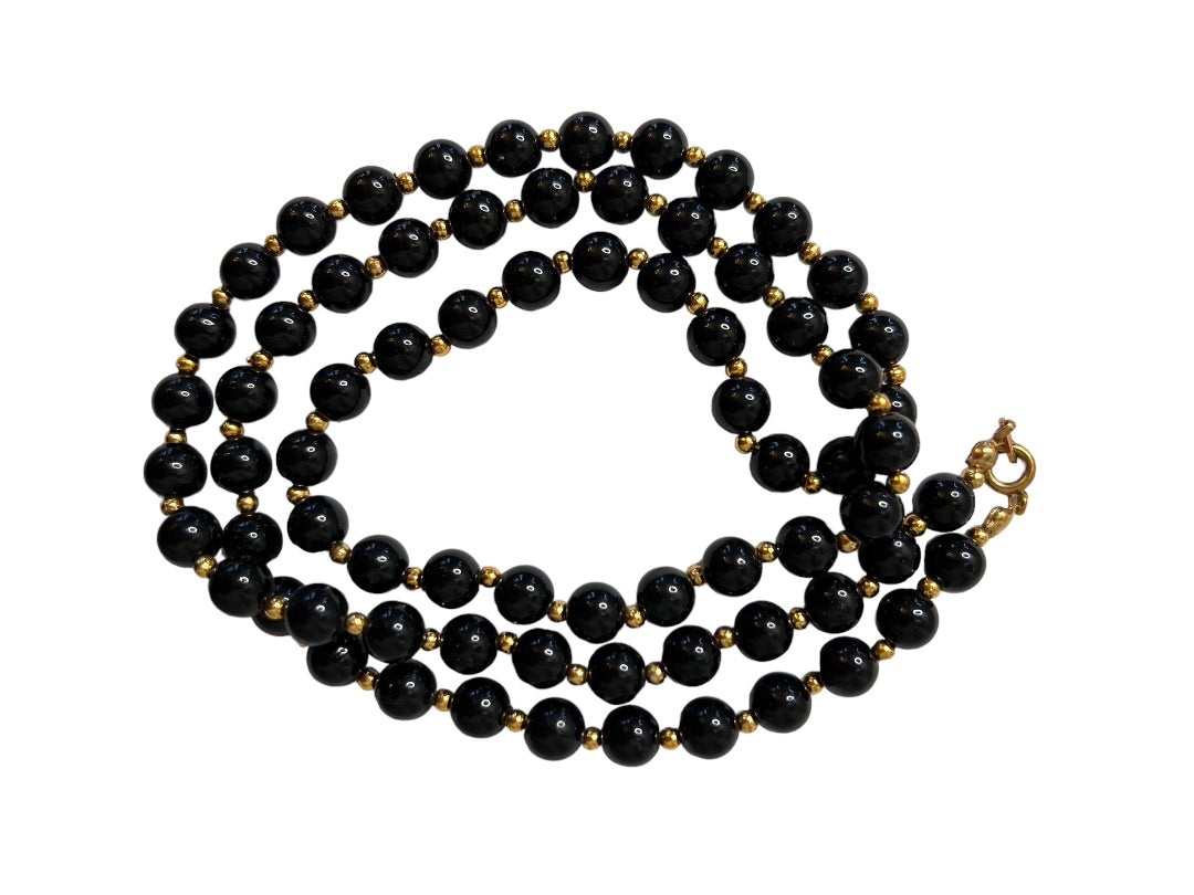 Black Round Beaded 18" Necklace Goldtone Spacers Lobster Clasp Strand String