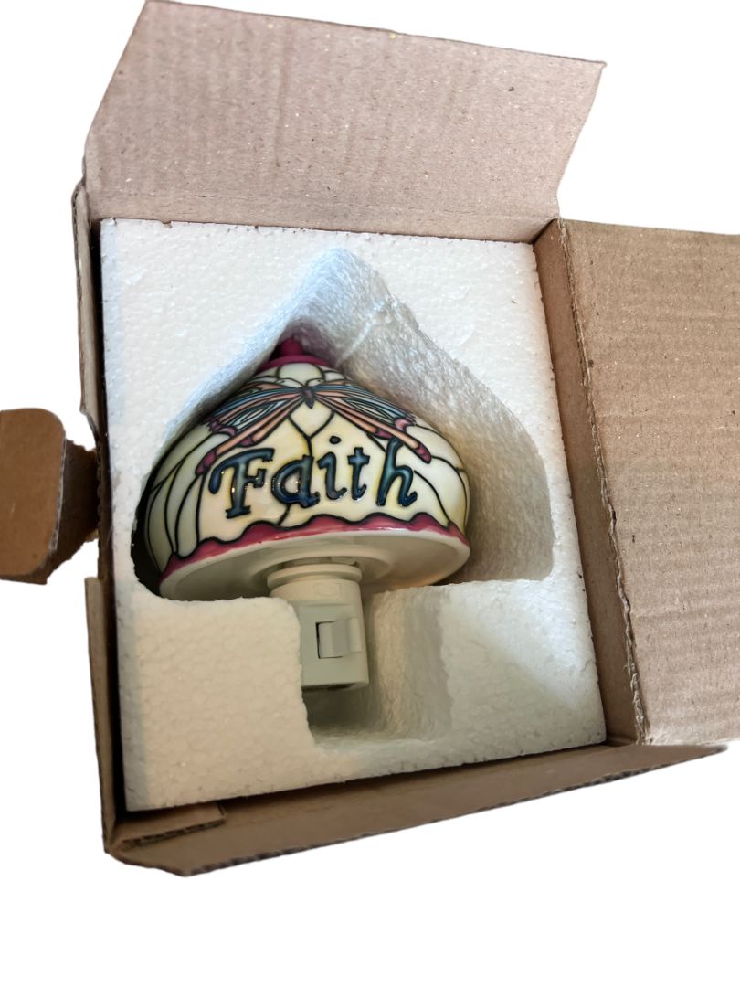 Butterfly Faith Night Light Russ Ceramic Faux Stained Glass Lamp Shade NEW
