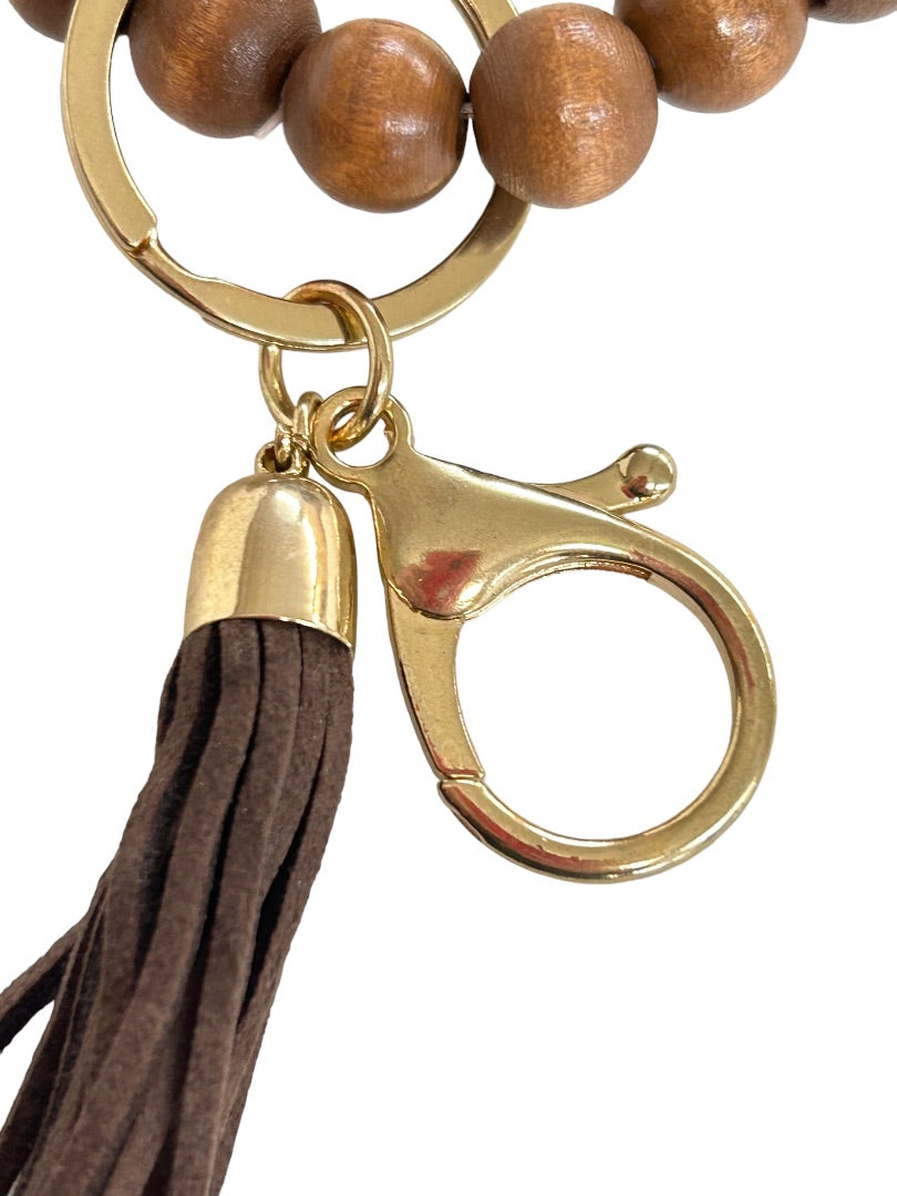 Wooden Bead Stretch Tassel Bracelet with Keychain Key Ring