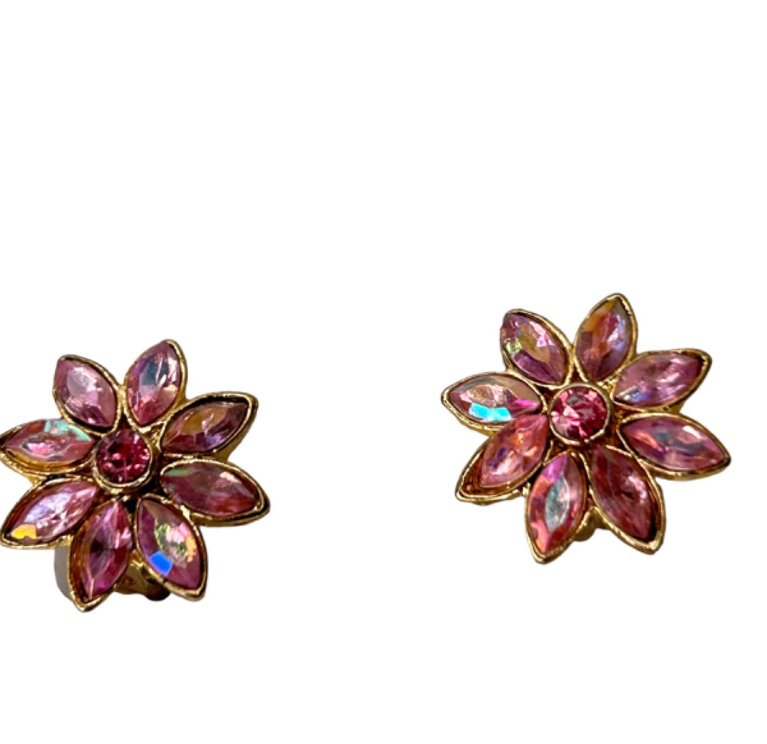 1990s Clip On Pink Crystal Flower Earrings 3/4" Diameter Non-Pierced Goldtone