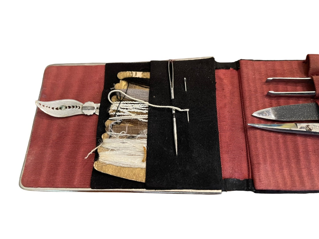 Vintage Embroidered Petit Point Sewing & Manicure Kit Snap Closure 2 3/4" x 3 3/4"
