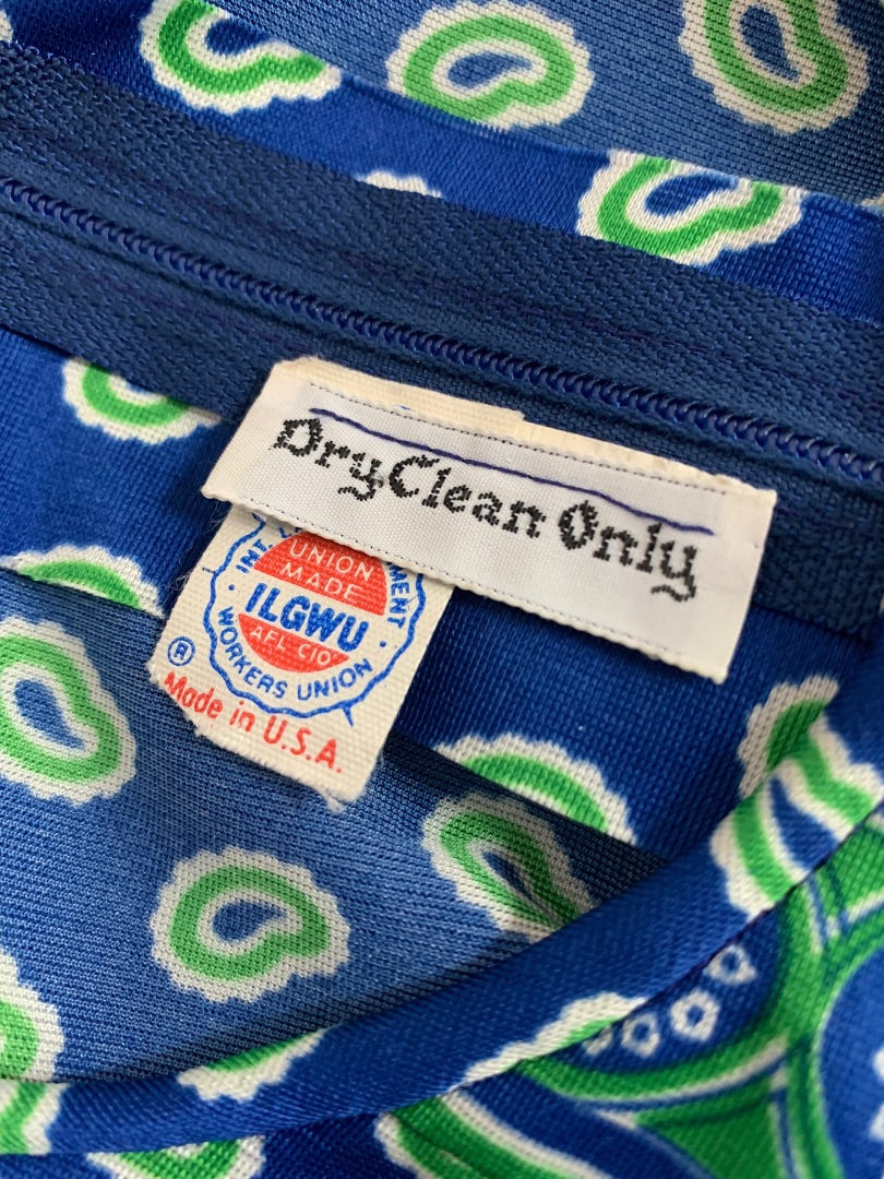 Small 1970s Mod Dress Go Go Blue Green Vintage Midi Mid Calf Union Label