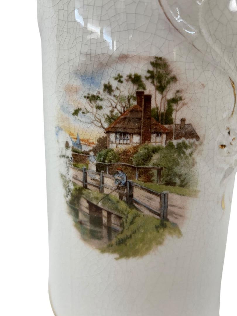 Antique Tankard Pitcher 12 Inch Owen Minerva Victorian Scene Handle Pottery