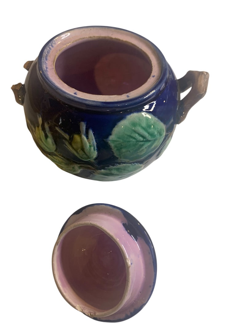 Foster Filbert Majolica Antique Sugar Bowl Lidded Damaged Cobalt Blue