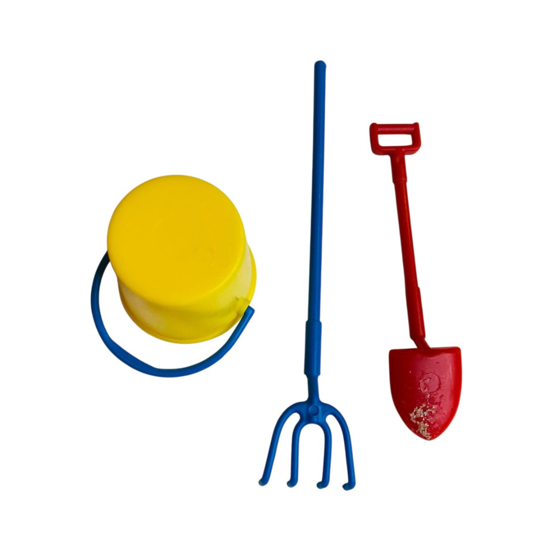 Miniature Dollhouse 3 Piece Plastic Gardening Set Bucket Rake Shovel 1:12 Scale