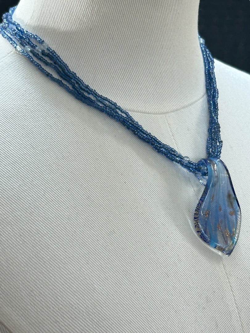 Multistrand Blue Necklace Glass Pendant 17-19 Inch Spring Clasp