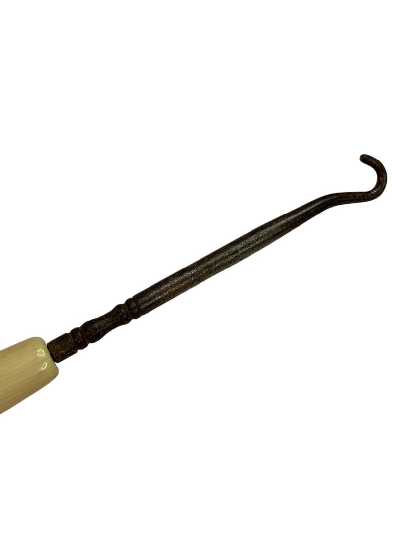 Vintage Enamel Button Hook Antique Boot Glove Fastener Yellow Handle 7 Inch