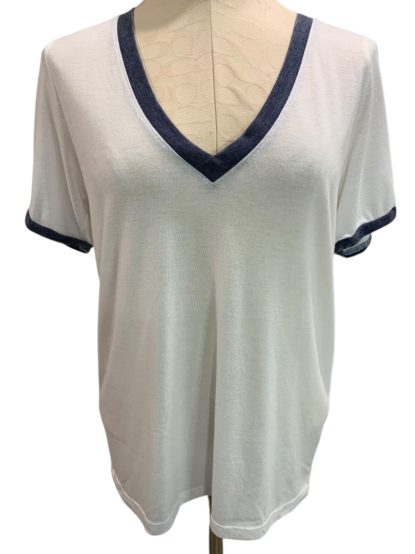 Small Treasure & Bond Womens Oversize V-Neck Tshirt White Blue