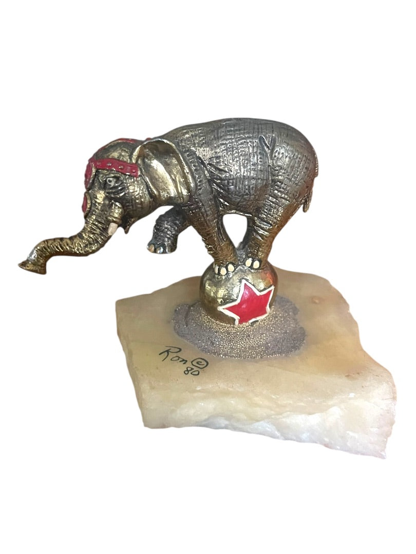 1980 Ron Lee Sculpture Circus Elephant on Ball Quartz Signed Goldtone