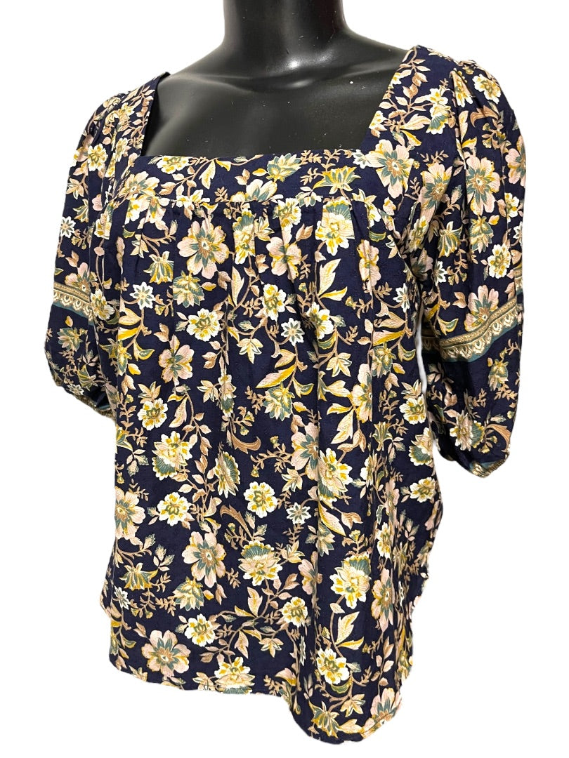 XS Roan + Ryan Square Neck Floral Short Sleeve Womens Shirt Boho