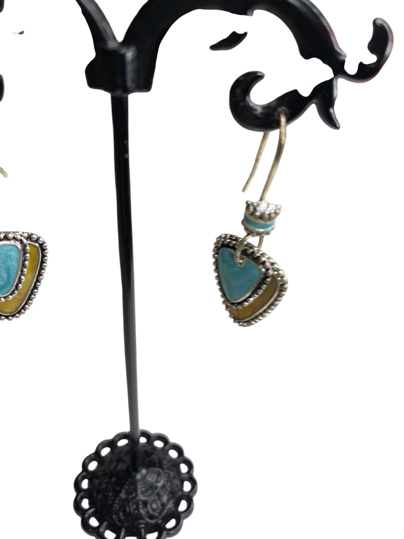Silvertone Fishhook Earrings Triangular Shape Enameled 1.5" Drop