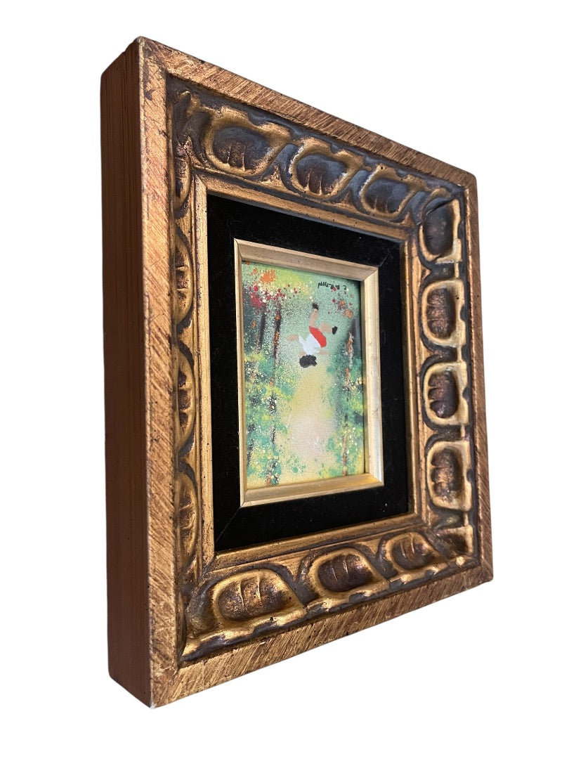 Vintage Louis Cardin Original Enamel on Copper Painting Girl Running 10" x 9"