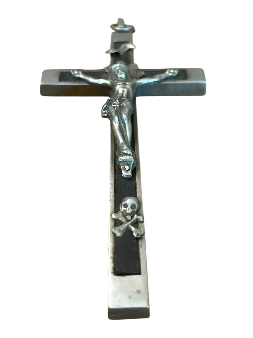 Antique Silvertone Crucifix with Skull and Crossbones Golgotha INRI Cross Convent 5.5"
