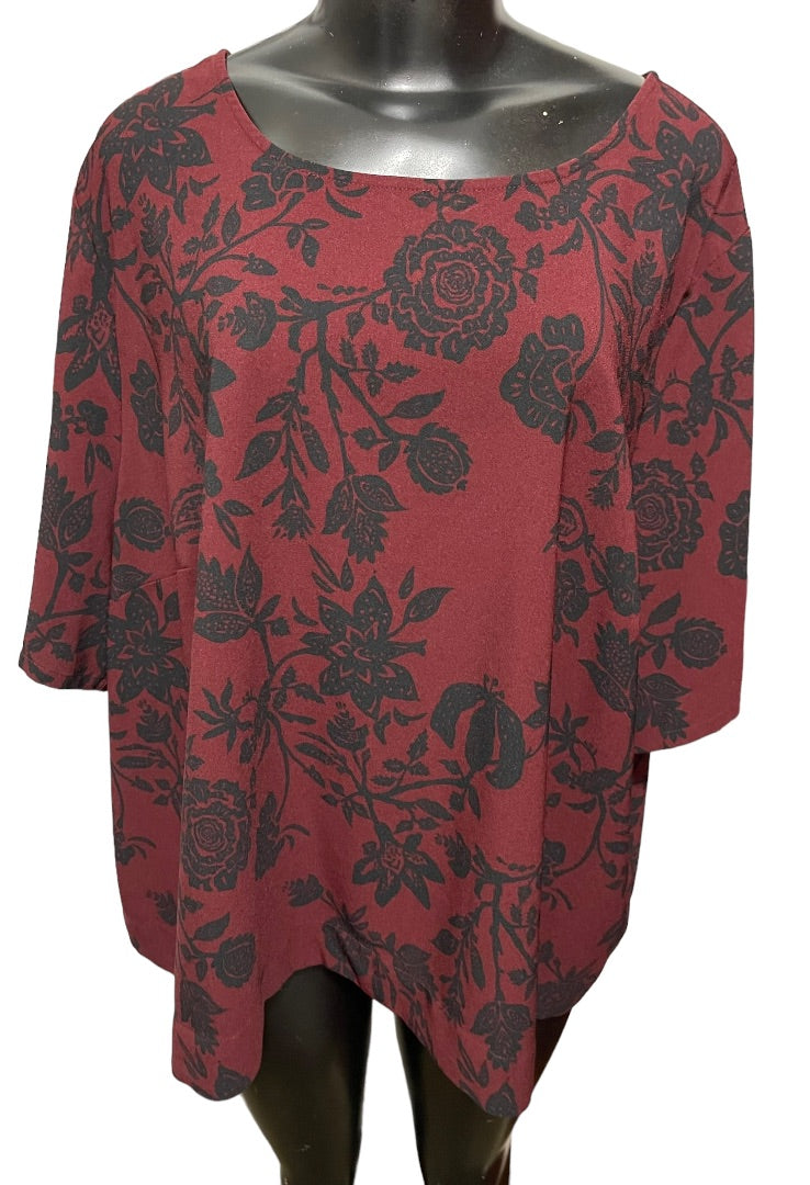 4X Ava & Viv Women's Burgundy Black Floral Petal Back Blouse 1/2 Sleeve