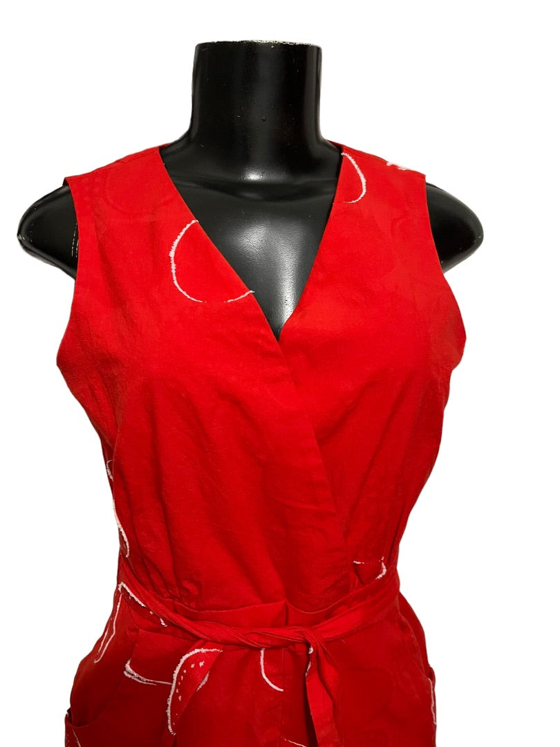 XS Eva Franco Anthropologie Women's Circle Print Romper Red Front Tie