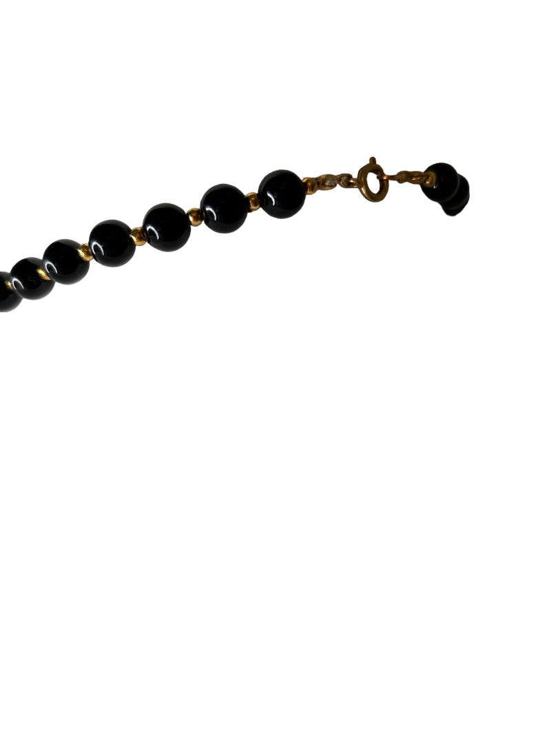 Black Round Beaded 18" Necklace Goldtone Spacers Lobster Clasp Strand String