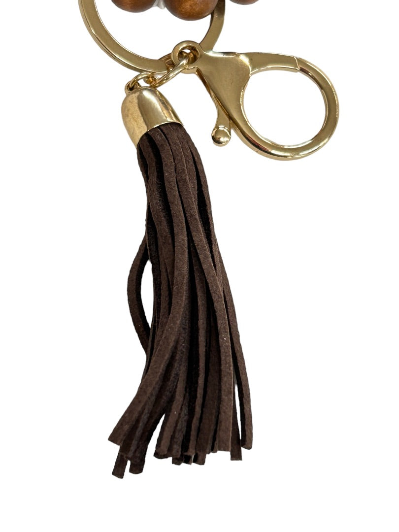 Wooden Bead Stretch Tassel Bracelet with Keychain Key Ring
