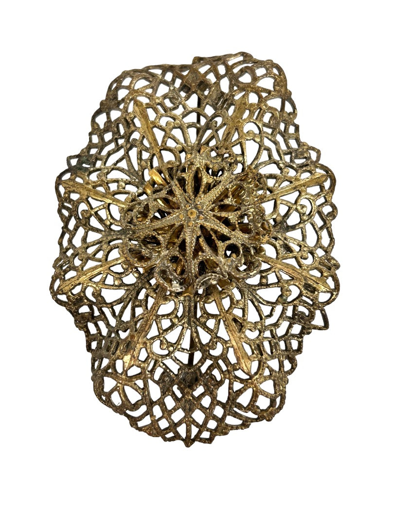 Vintage Oval Lacy Filigree Brass Color Brooch Statement Piece 2" x 2 3/4"