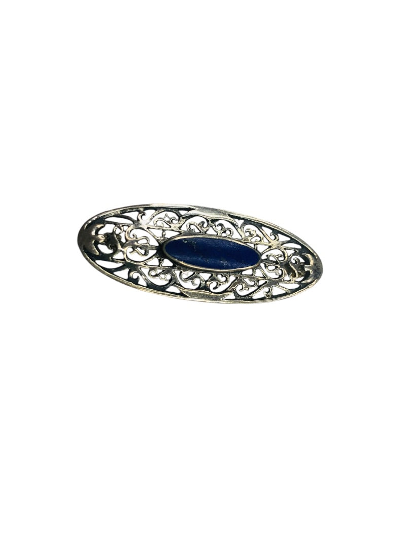 Signed Boma Sterling Silver Lapis Lazuli Fiigree Brooch Pin Vintage 1.75"