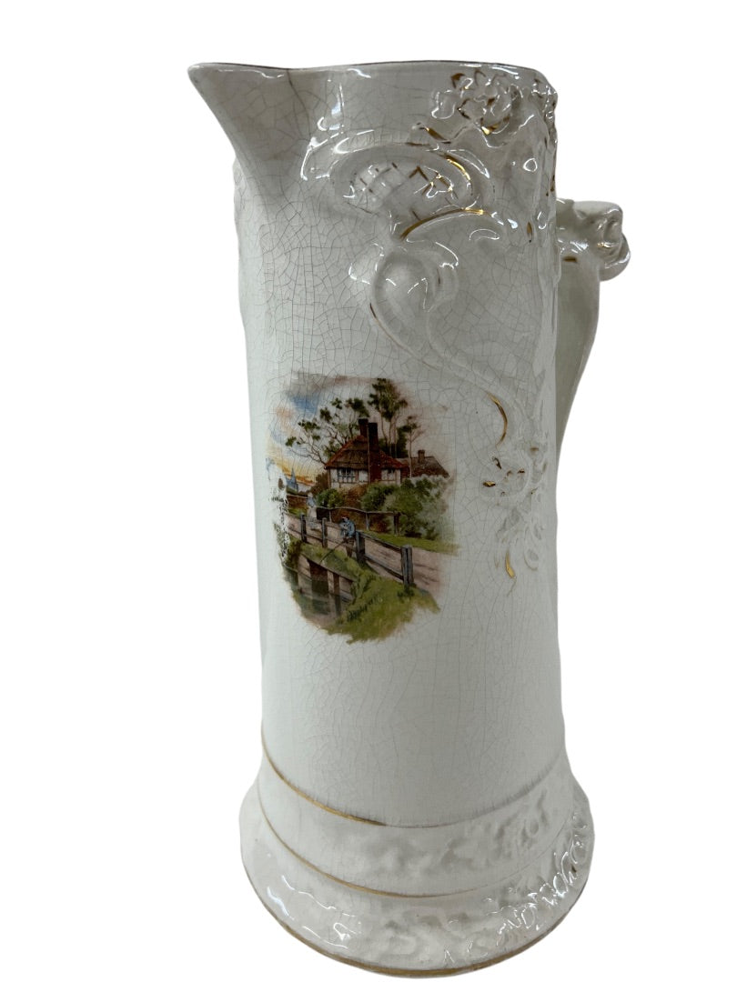 Antique Tankard Pitcher 12 Inch Owen Minerva Victorian Scene Handle Pottery