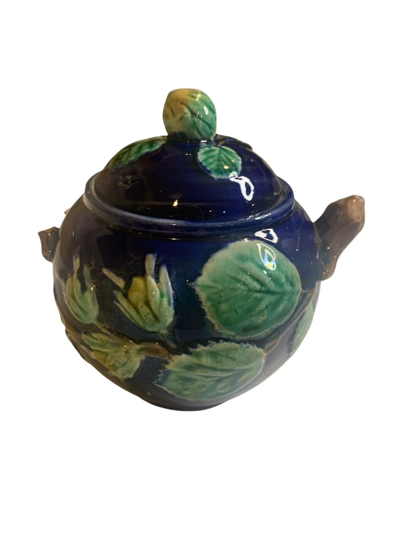 Foster Filbert Majolica Antique Sugar Bowl Lidded Damaged Cobalt Blue