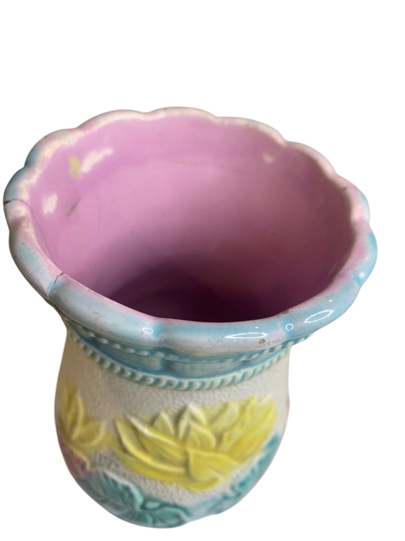 Antique Majolica Water Lily Pond Vase 5.5 Inch High Repaired Vivid