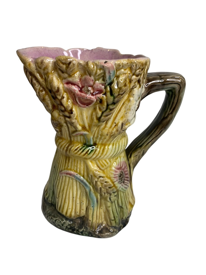 Antique Majolica Wheat Pitcher Pottery 6 Inch Flower Pink