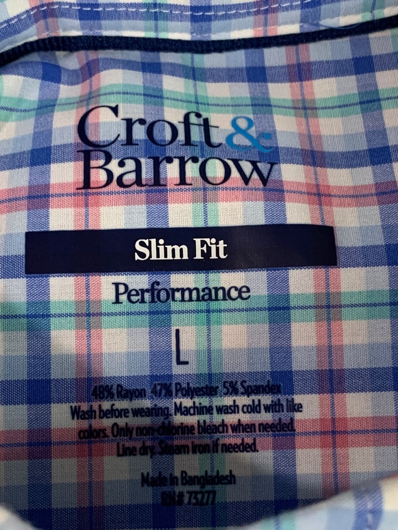 Large Croft & Barrow Slim Fit Performance Button Down Shirt Pastel Plaid