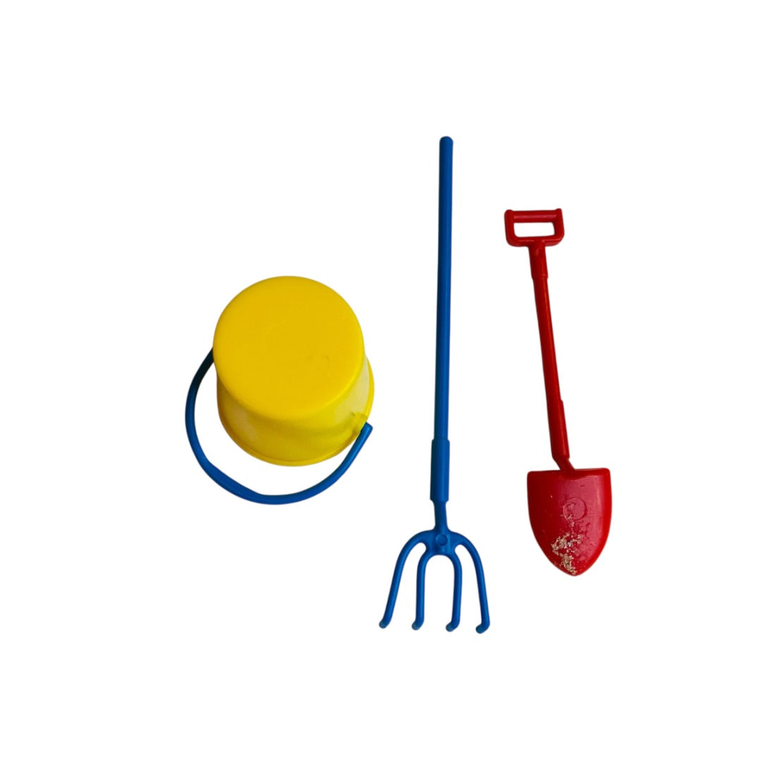 Miniature Dollhouse 3 Piece Plastic Gardening Set Bucket Rake Shovel 1:12 Scale