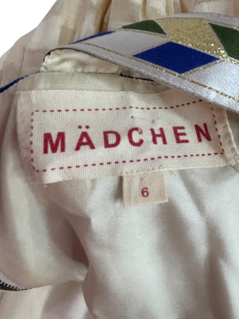 Size 6 Madchen Dress Velvet Colorblock Cream Skirt Blue Green Bodice