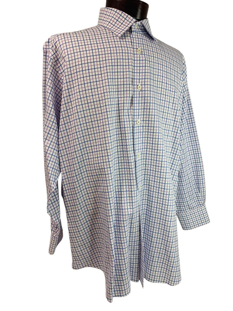 17.5 (32/33) David Donahue Mens Button Up Dress Shirt Windowpane Blue Purple
