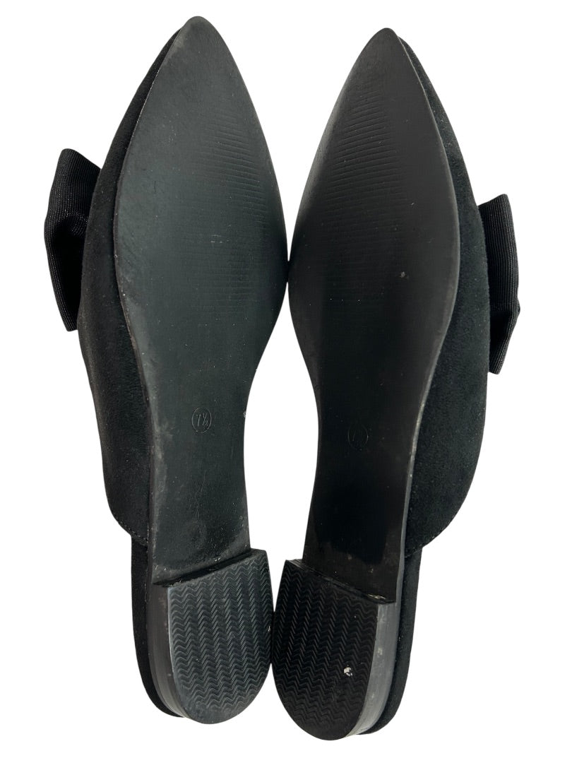 Size 7.5 Womens Faux Suede Black Slip On Shoes Grosgrain Bow Flats