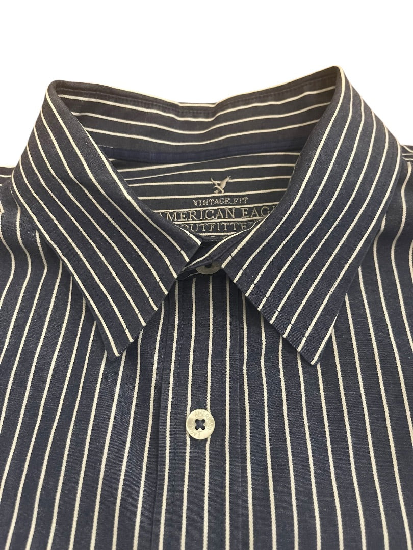Large American Eagle Outfitters Striped Button Up Mens Shirt Blue