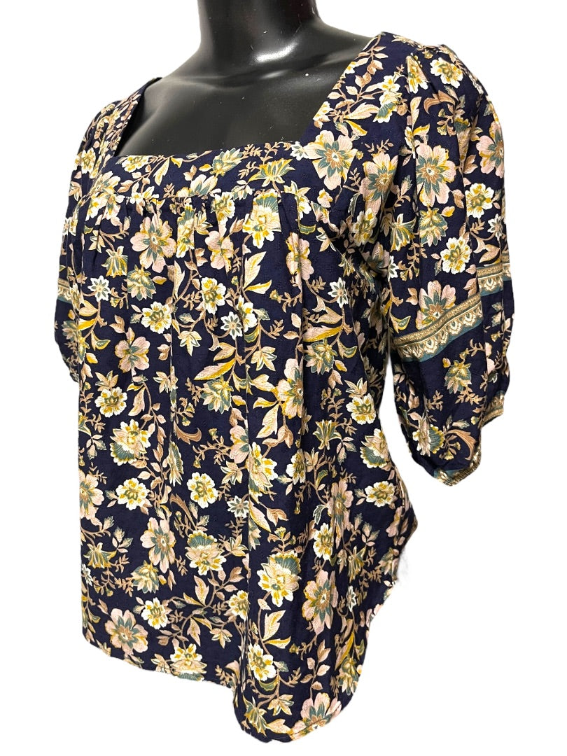 XS Roan + Ryan Square Neck Floral Short Sleeve Womens Shirt Boho