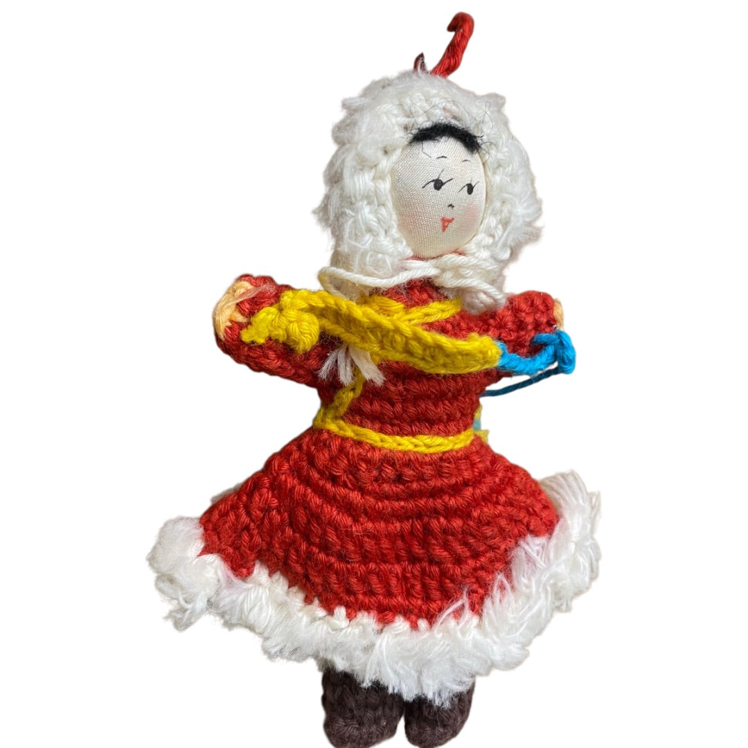 Vintage Amigurumi Japanese Crochet Winter Doll 3.25" Silk Face Red