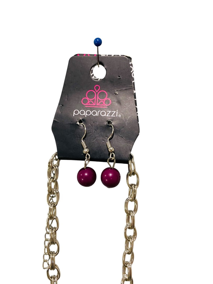 Paparazzi New Silvertone Necklace and Earring Set Purple Teal Chunky 28"